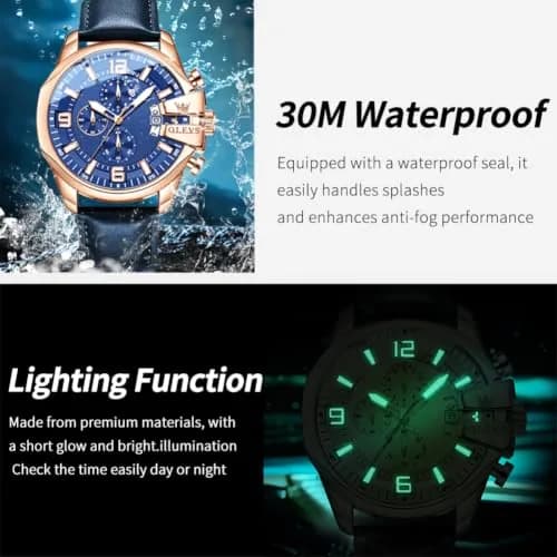 OLEVS Men's 47mm Quartz Chronograph Watch, Blue Dial, Blue Leather Strap | Oversized 47mm Dial, Water-Resistant, Classic Style thumbnail 5