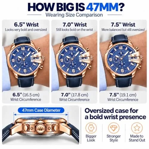 OLEVS Men's 47mm Quartz Chronograph Watch, Blue Dial, Blue Leather Strap | Oversized 47mm Dial, Water-Resistant, Classic Style thumbnail 2