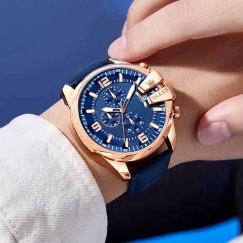 OLEVS Men's 47mm Quartz Chronograph Watch, Blue Dial, Blue Leather Strap | Oversized 47mm Dial, Water-Resistant, Classic Style thumbnail 3