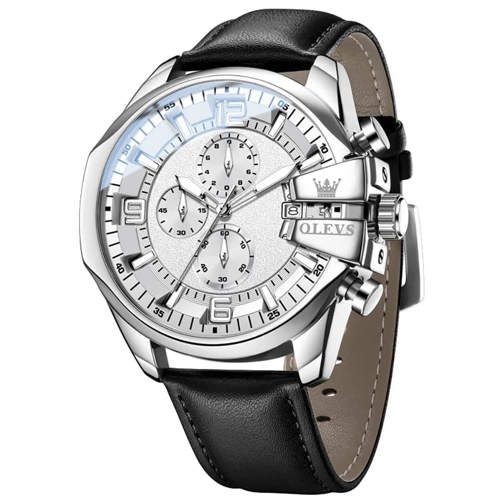 OLEVS Men's 47mm Quartz Chronograph Watch, White Dial, Black Leather Strap | Bold Oversized Design — Black White