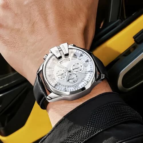 OLEVS Men's 47mm Quartz Chronograph Watch, White Dial, Black Leather Strap | Bold Oversized Design thumbnail 4