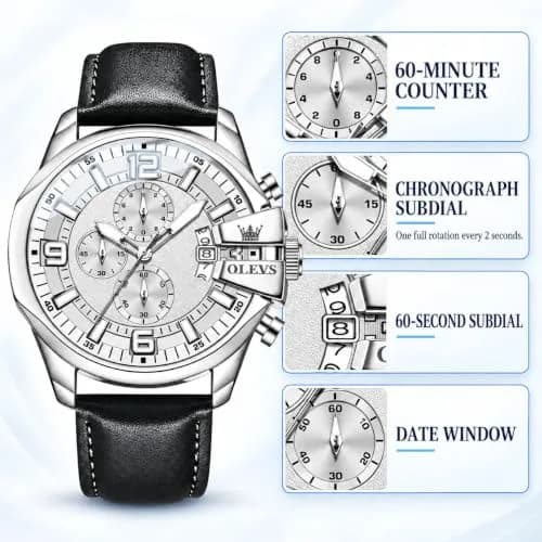 OLEVS Men's 47mm Quartz Chronograph Watch, White Dial, Black Leather Strap | Bold Oversized Design thumbnail 6