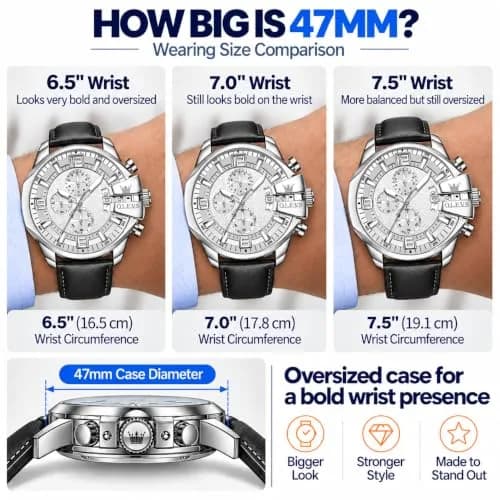 OLEVS Men's 47mm Quartz Chronograph Watch, White Dial, Black Leather Strap | Bold Oversized Design thumbnail 2