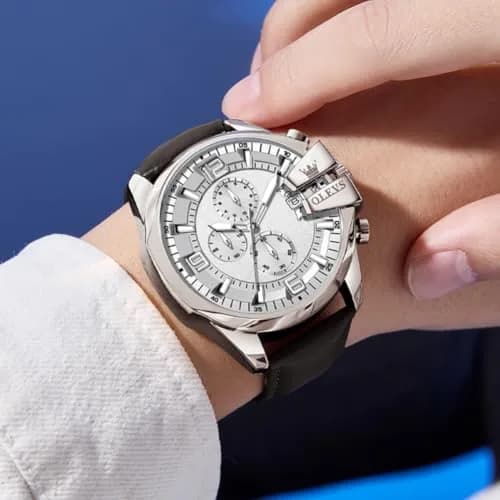 OLEVS Men's 47mm Quartz Chronograph Watch, White Dial, Black Leather Strap | Bold Oversized Design thumbnail 3