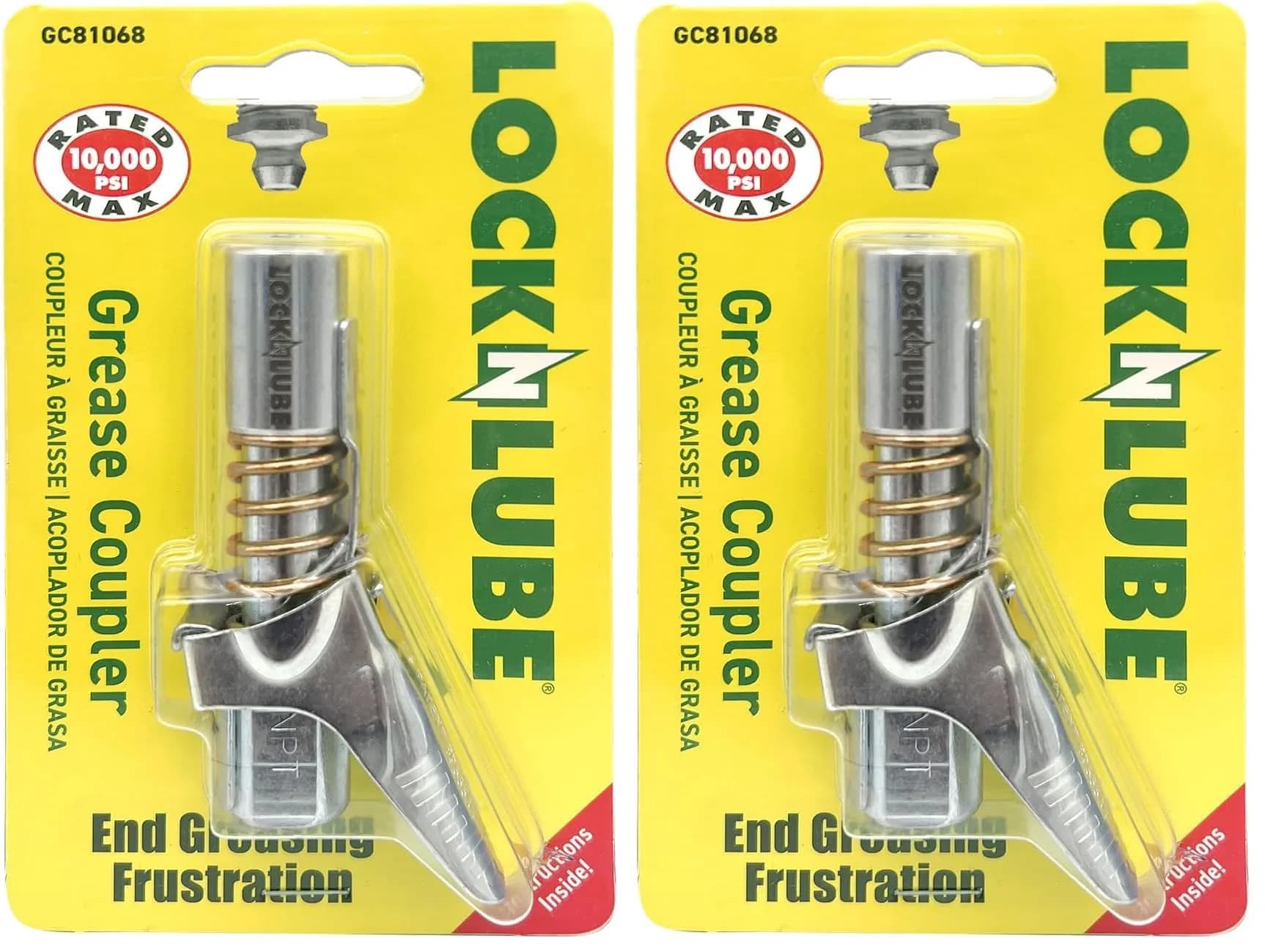 LockNLube Patented Locking Grease Coupler (Pack of 2) | Secure Leak-Free Seal, Rebuildable Design, 10,000 PSI Rated — NPT No Spare Rebuild KIt