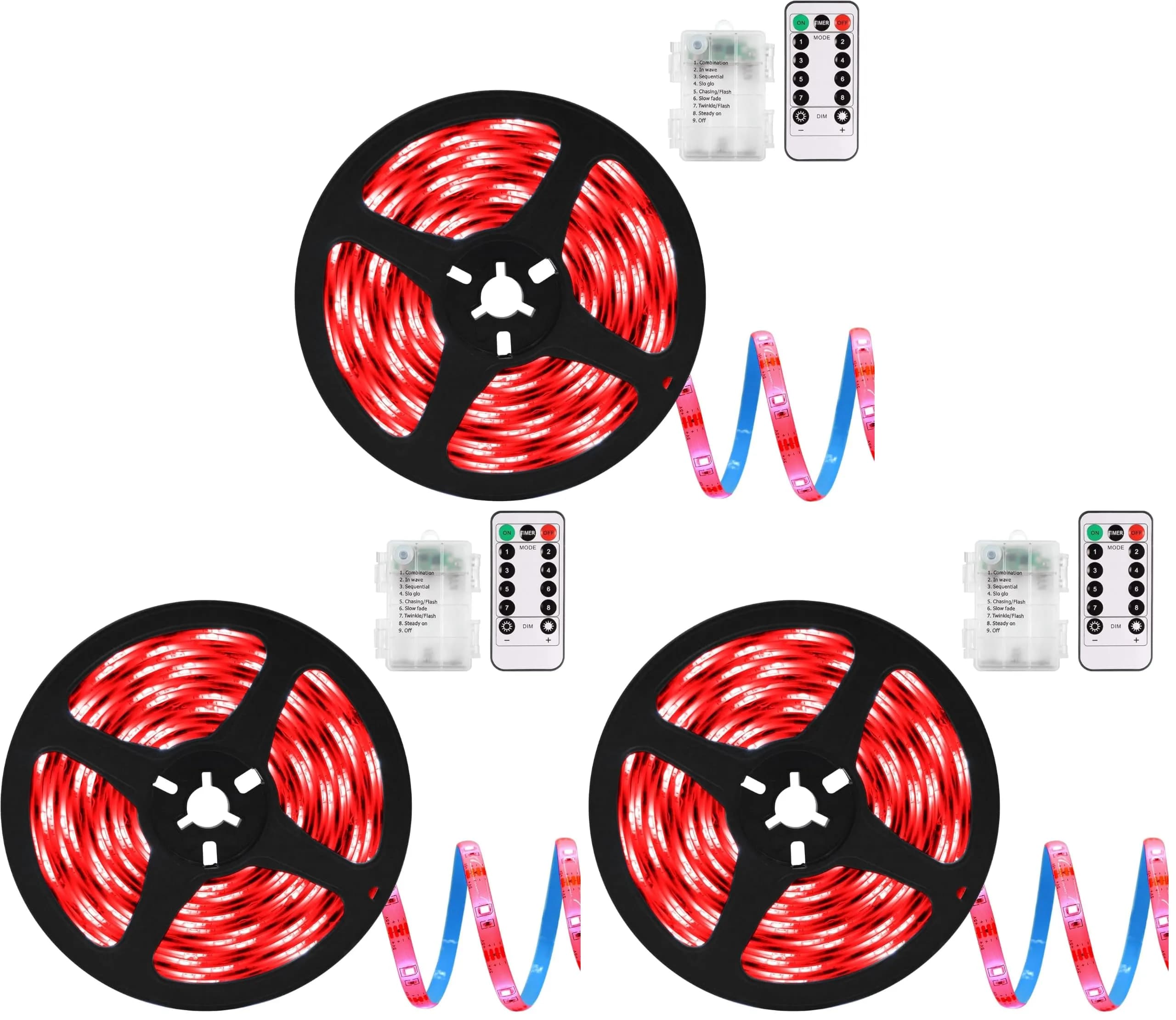 echosari Red LED Strip Lights Battery Operated, 90 LEDs, 9.8ft (3m), Remote Control, Pack of 3 - main product image