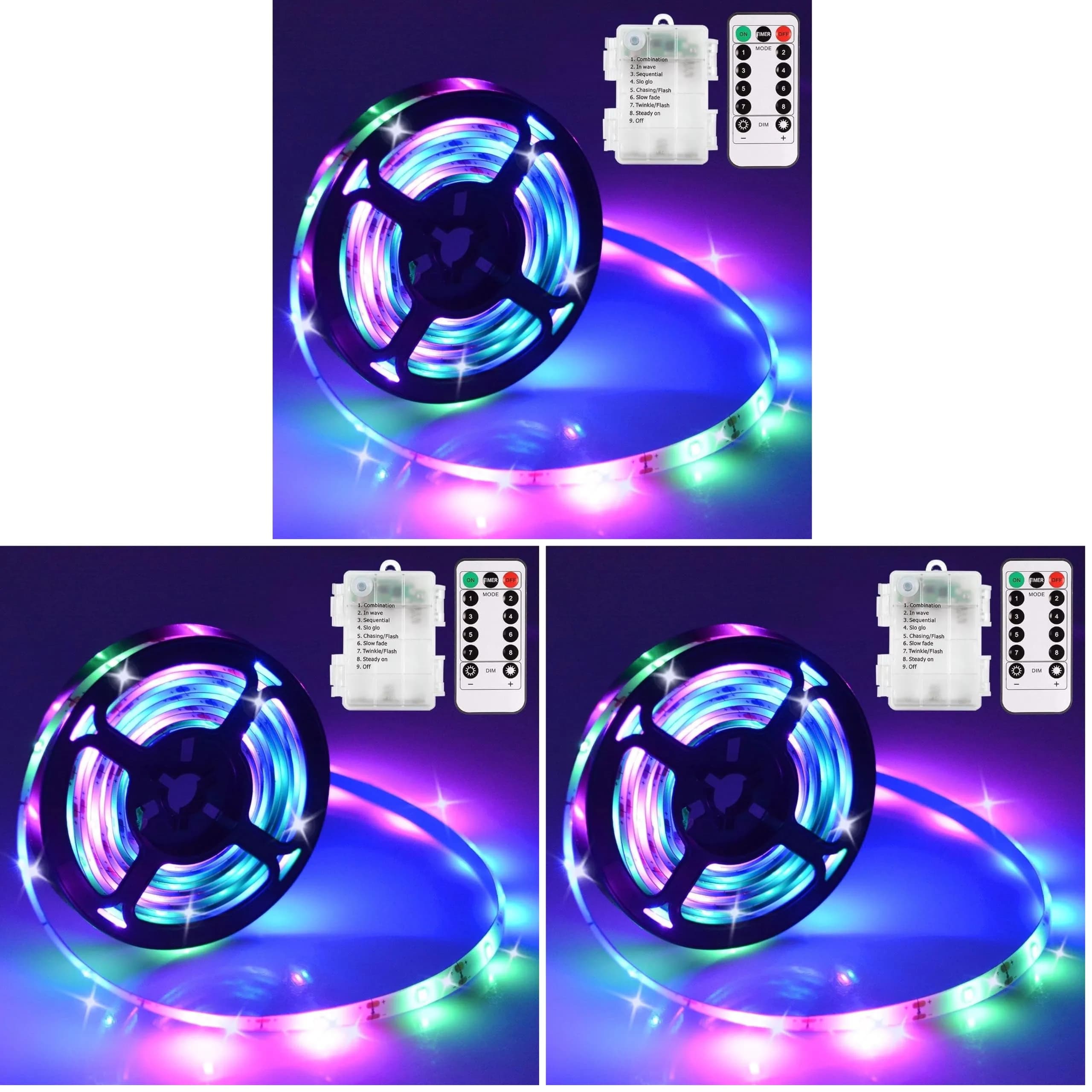 echosari RGB LED Strip Lights 9.8ft (3m) 90LED Battery Operated with Remote (Pack of 3) - main product image