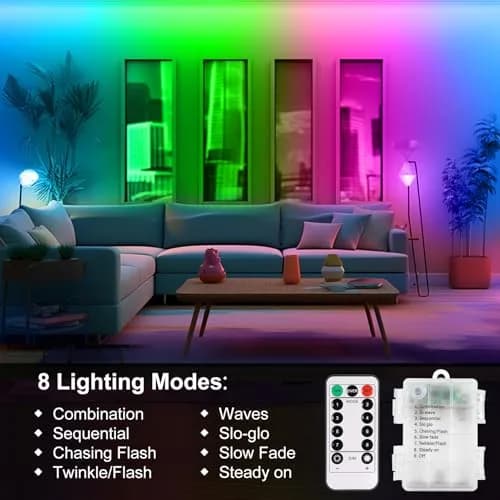 echosari RGB LED Strip Lights 9.8ft (3m) 90LED Battery Operated with Remote (Pack of 3) thumbnail 3
