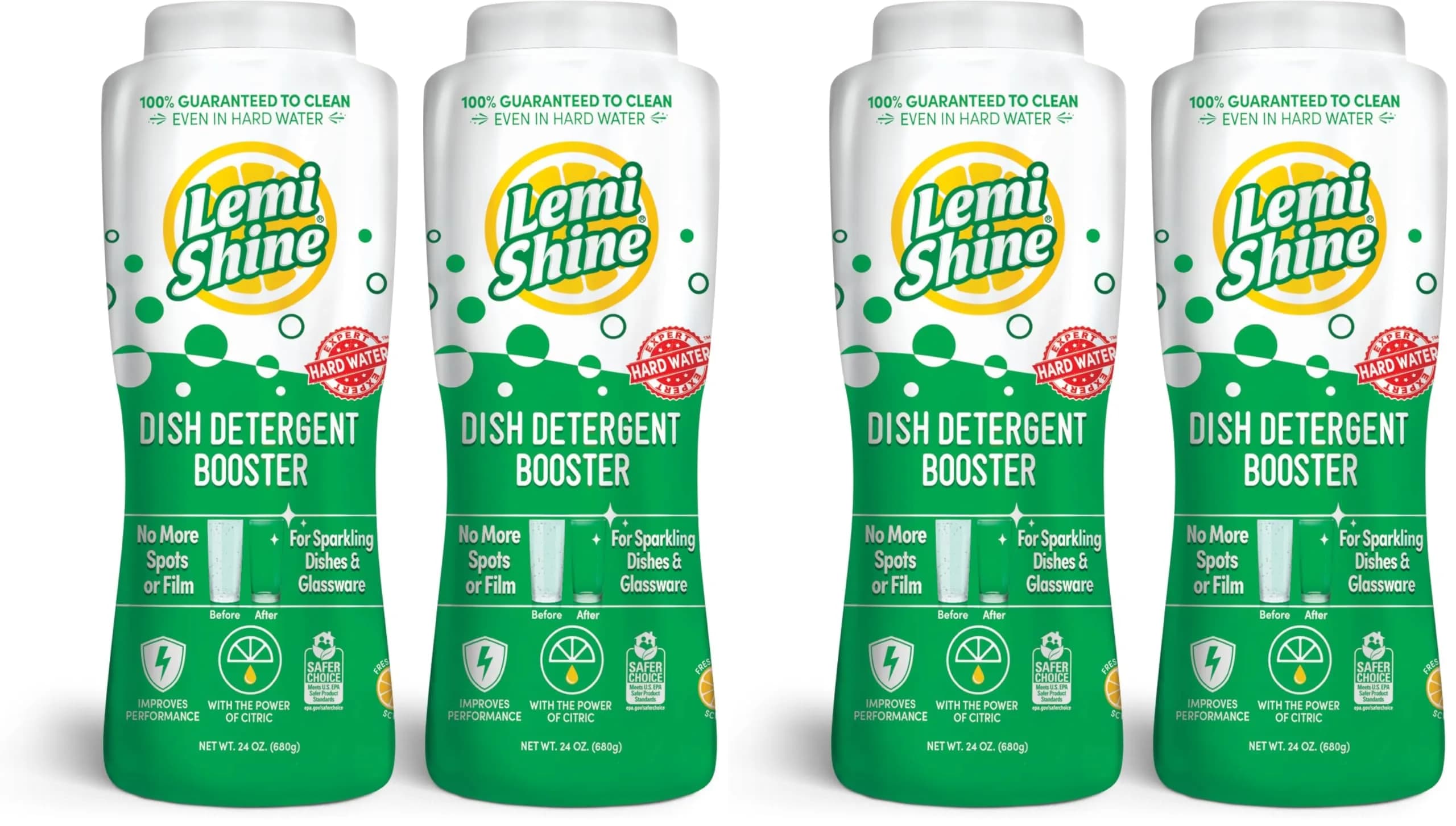 Lemi Shine Natural Dish Detergent Booster - 24 oz (Pack of 4) | Hard Water Spot Remover, Eco-Friendly, Lemon Scent