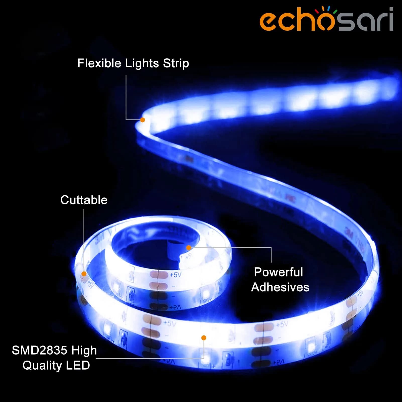 echosari Blue Battery Operated LED Strip Lights, 9.8ft (3m) 90LED, Remote Control, Dimmable, Timer, Pack of 3 - view 2