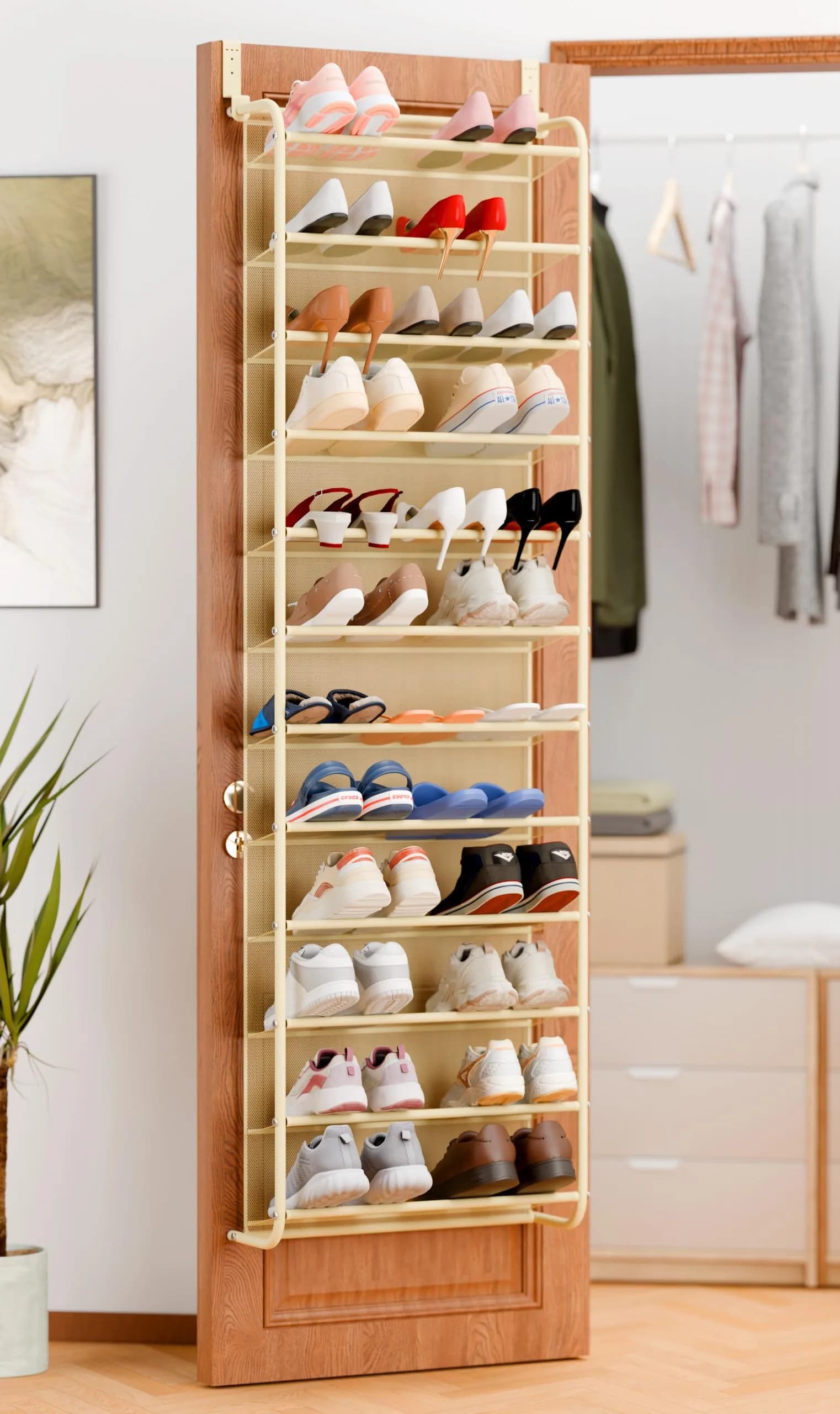 Whitmor 12-Tier Over The Door Shoe Organizer, 74" H x 21.7" W x 7.5" D | Holds 36 Pairs, Metal & Mesh Shoe Rack — Beige