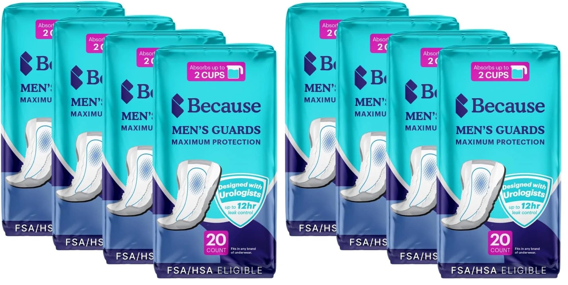 Because Premium Guards for Men - 20 Count Pack of Discreet, Individually Wrapped Bladder Protectors - Complete Absorbency, Fast-Locking, Odor Control - Comfort Fit, 2 Cups of Absorbency — White
