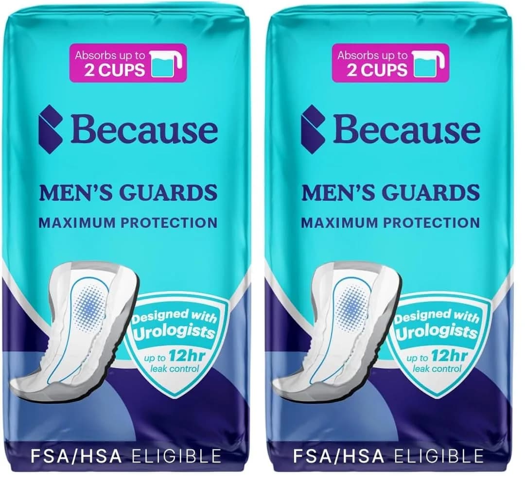 Because Premium Guards for Men - 20 Count Pack of Discreet, Individually Wrapped Bladder Protectors - Complete Absorbency, Fast-Locking, Odor Control - Comfort Fit, 2 Cups of Absorbency