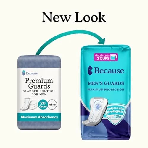 Because Premium Guards for Men - 20 Count Pack of Discreet, Individually Wrapped Bladder Protectors - Complete Absorbency, Fast-Locking, Odor Control - Comfort Fit, 2 Cups of Absorbency thumbnail 2