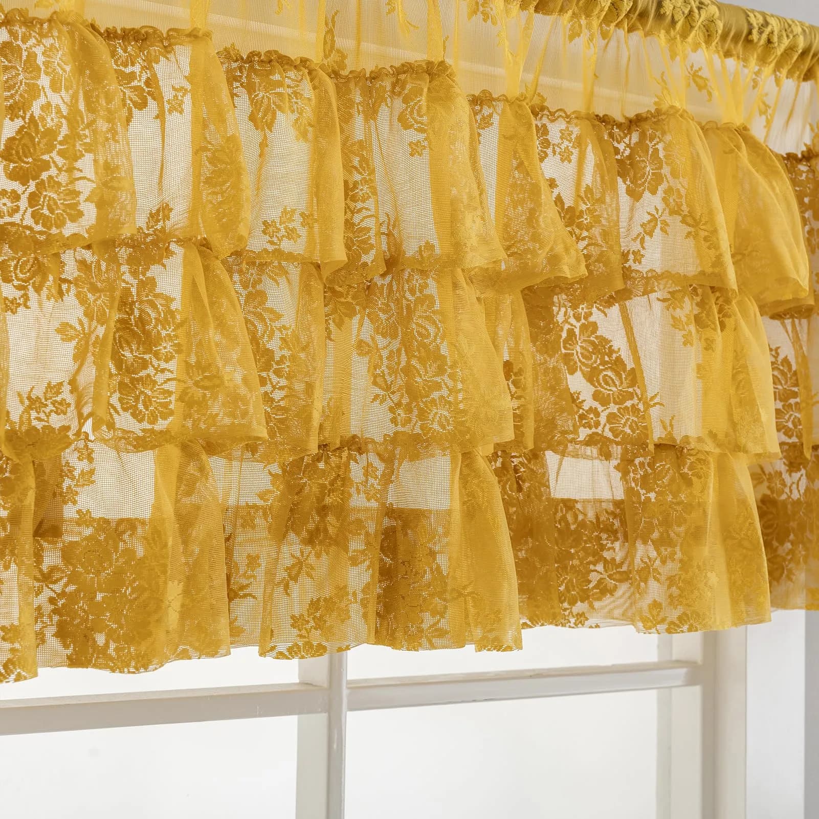 Kotile Mustard Yellow Lace Ruffled Valance for Windows W52xL18 Inch | Vintage Cottage Charm