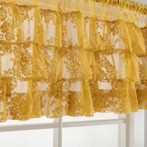 Kotile Mustard Yellow Lace Ruffled Valance for Windows W52xL18 Inch | Vintage Cottage Charm thumbnail 1