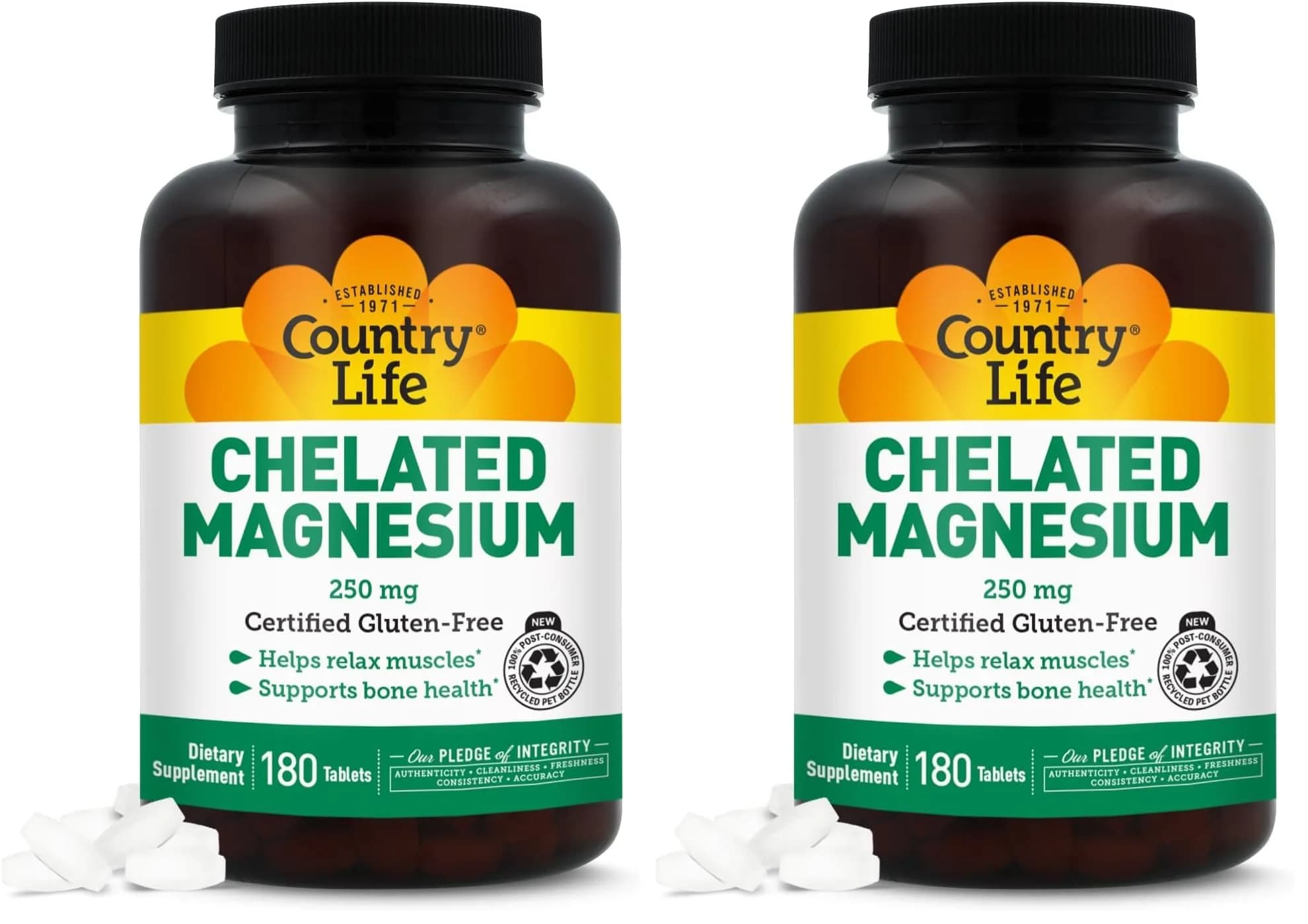 Country Life Chelated Magnesium 250mg 180 Count (Pack of 2) | Supports Heart, Bone & Muscle Health — Blue