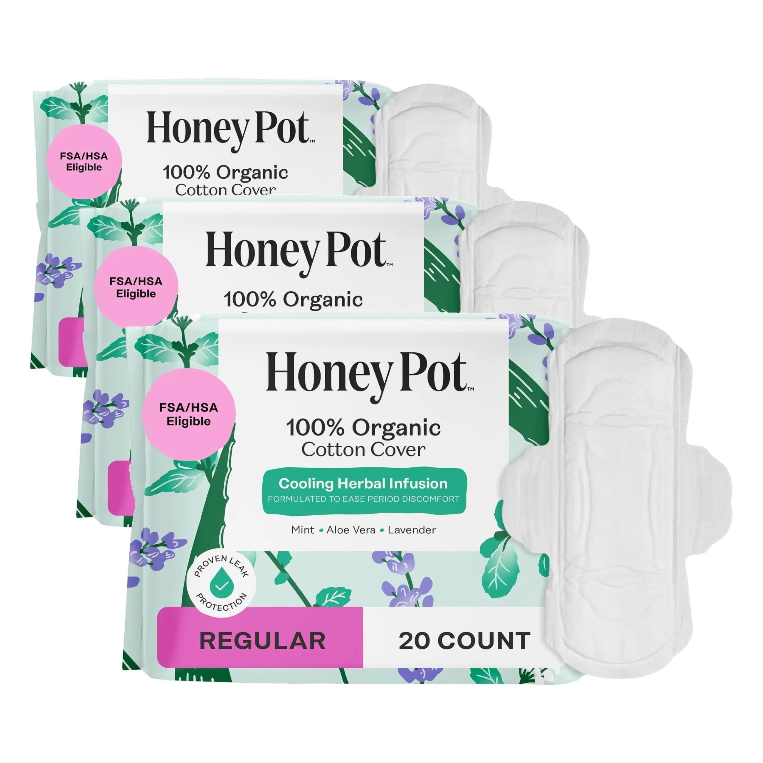 The Honey Pot Company Herbal Sanitary Pads with Wings, Regular Flow 60 Count (20 Count x 3 Packs) | OCS Certified Organic Cotton Cover - main product image