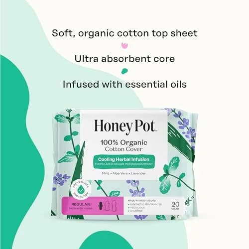 The Honey Pot Company Herbal Sanitary Pads with Wings, Regular Flow 60 Count (20 Count x 3 Packs) | OCS Certified Organic Cotton Cover thumbnail 4