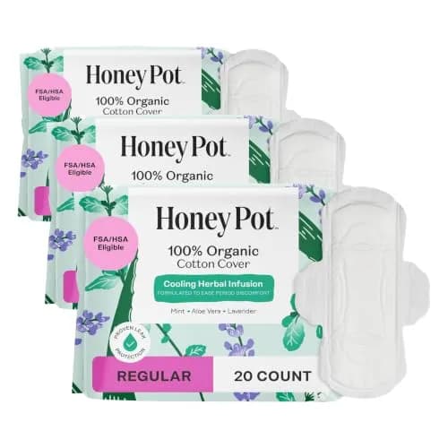 The Honey Pot Company Herbal Sanitary Pads with Wings, Regular Flow 60 Count (20 Count x 3 Packs) | OCS Certified Organic Cotton Cover thumbnail 1