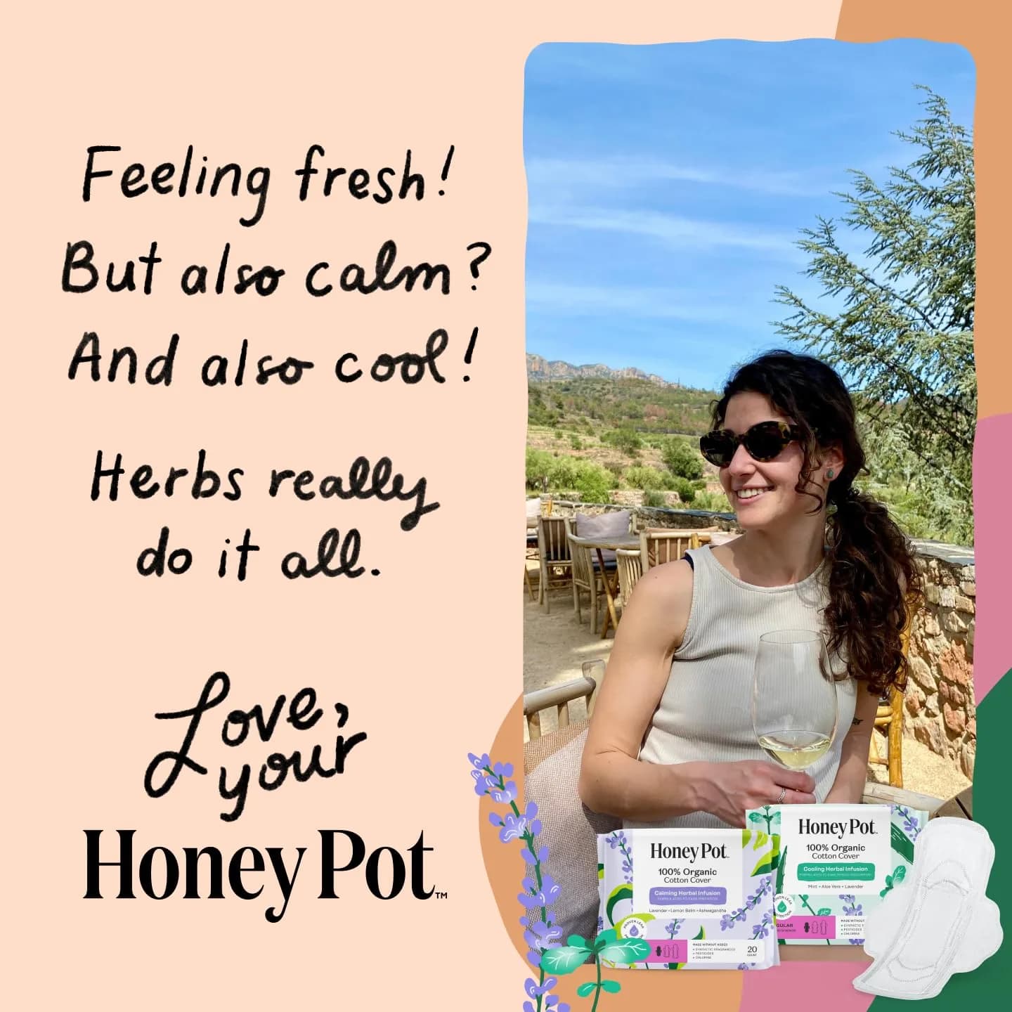 The Honey Pot Company Herbal Sanitary Pads with Wings, Regular Flow 60 Count (20 Count x 3 Packs) | OCS Certified Organic Cotton Cover - view 8