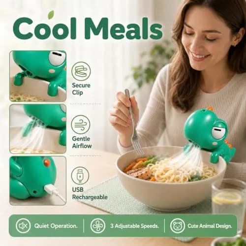 Generic Cute Dinosaur Mini Food Cooling Fan with Clip, USB-C Rechargeable, Green | 1 Unit thumbnail 4