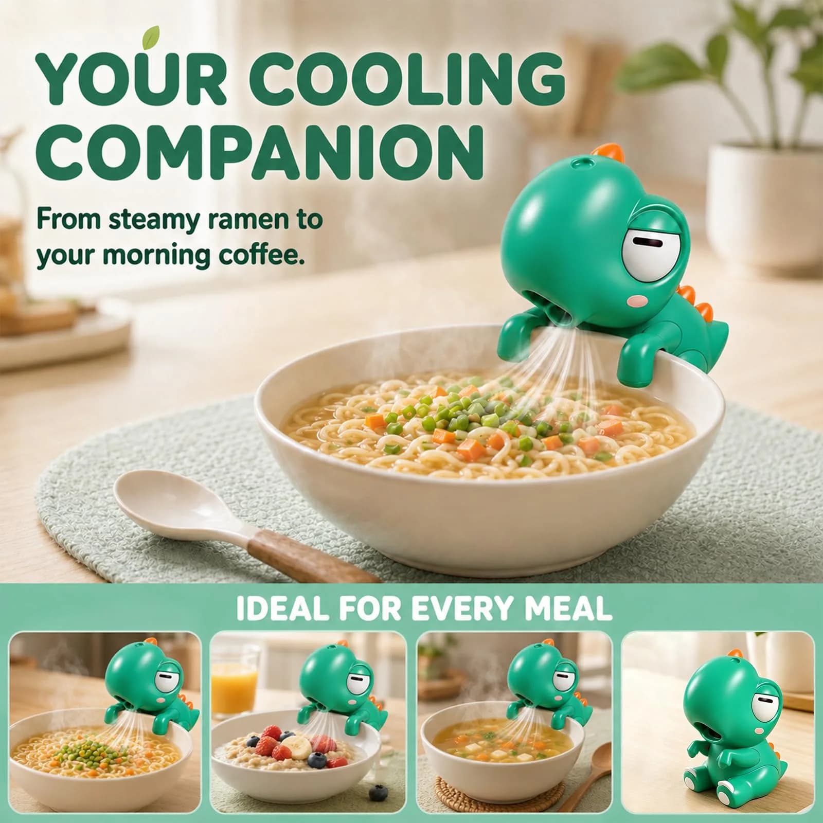 Generic Cute Dinosaur Mini Food Cooling Fan with Clip, USB-C Rechargeable, Green | 1 Unit - view 5
