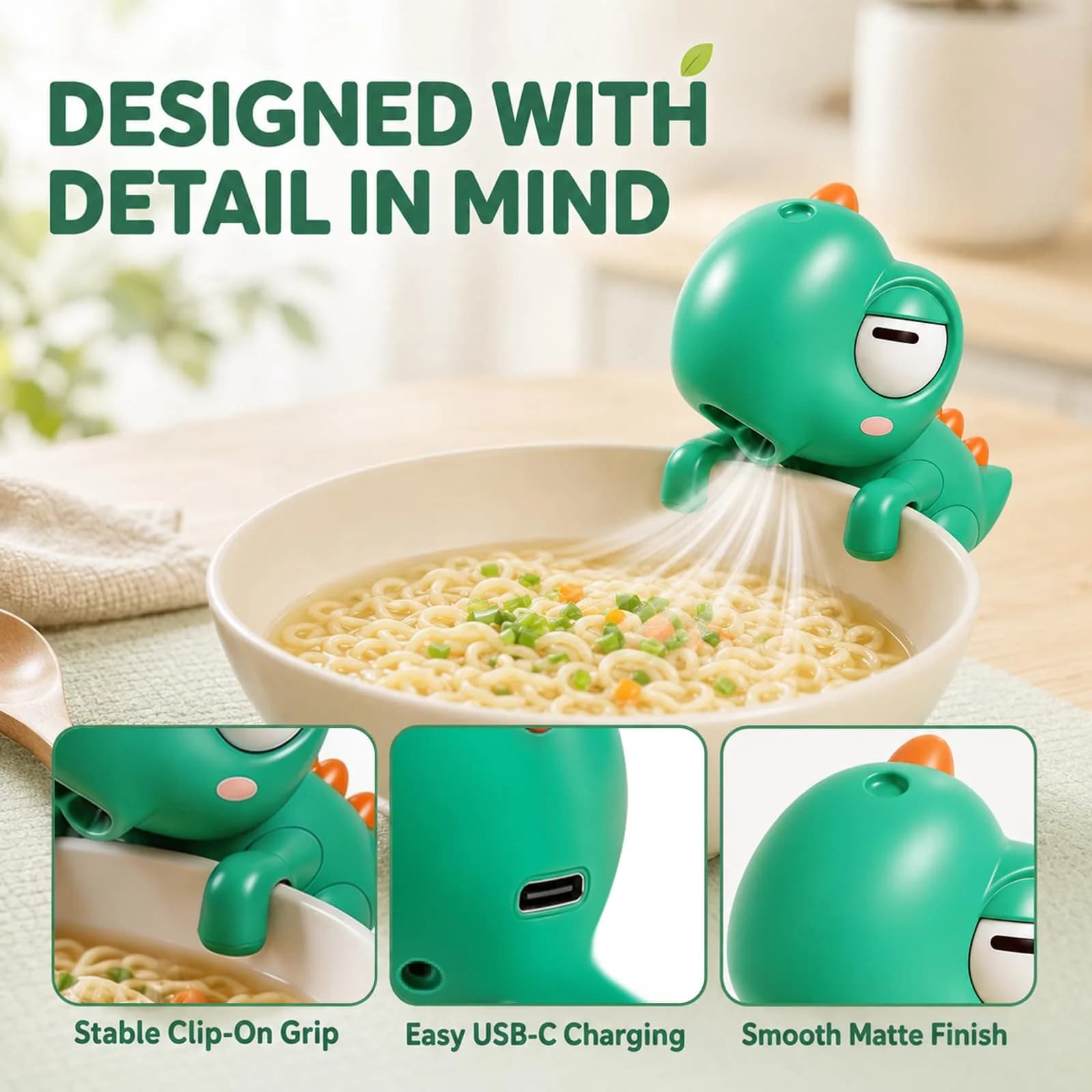 Generic Cute Dinosaur Mini Food Cooling Fan with Clip, USB-C Rechargeable, Green | 1 Unit - view 6