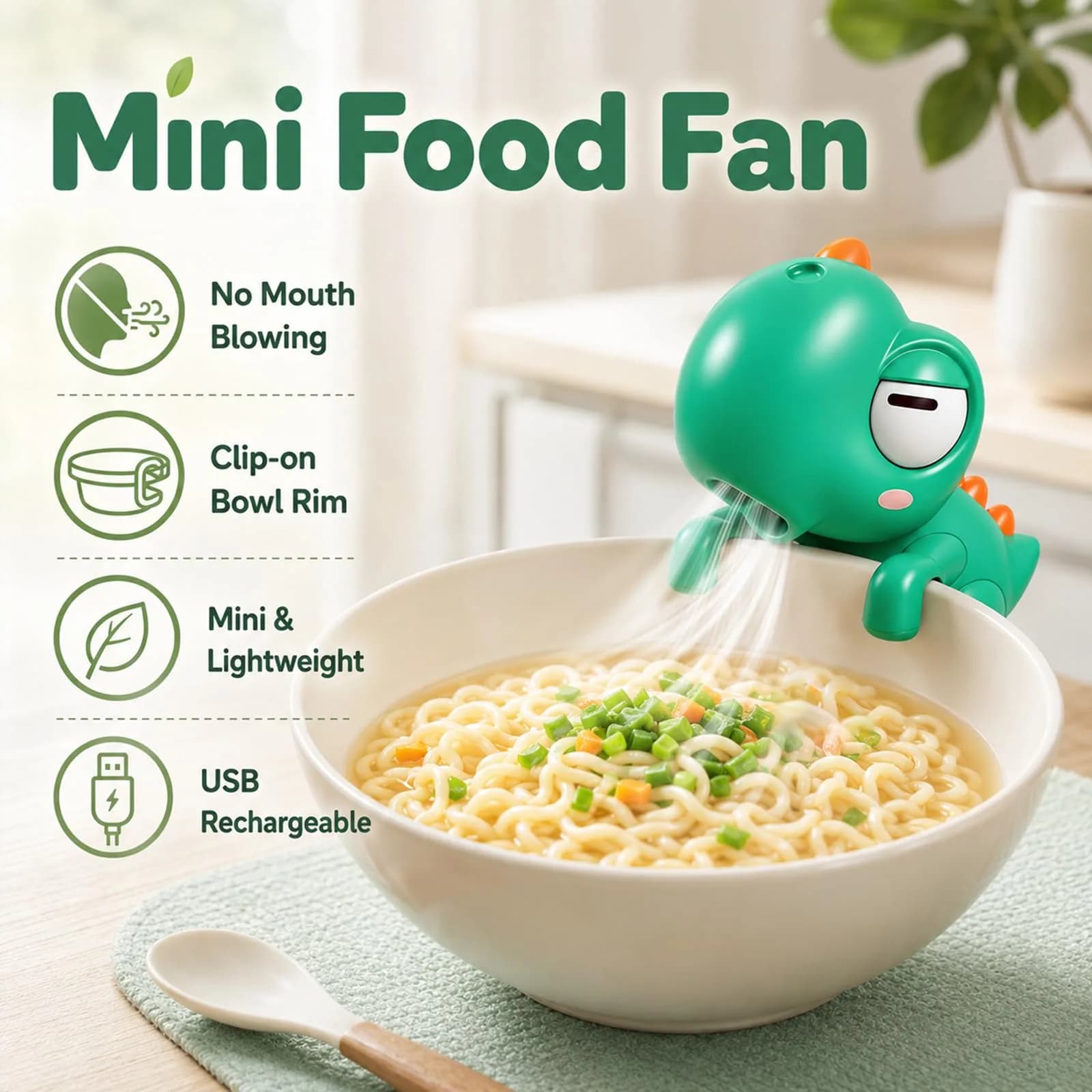 Generic Cute Dinosaur Mini Food Cooling Fan with Clip, USB-C Rechargeable, Green | 1 Unit - view 2