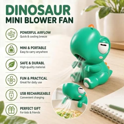 Generic Cute Dinosaur Mini Food Cooling Fan with Clip, USB-C Rechargeable, Green | 1 Unit thumbnail 3