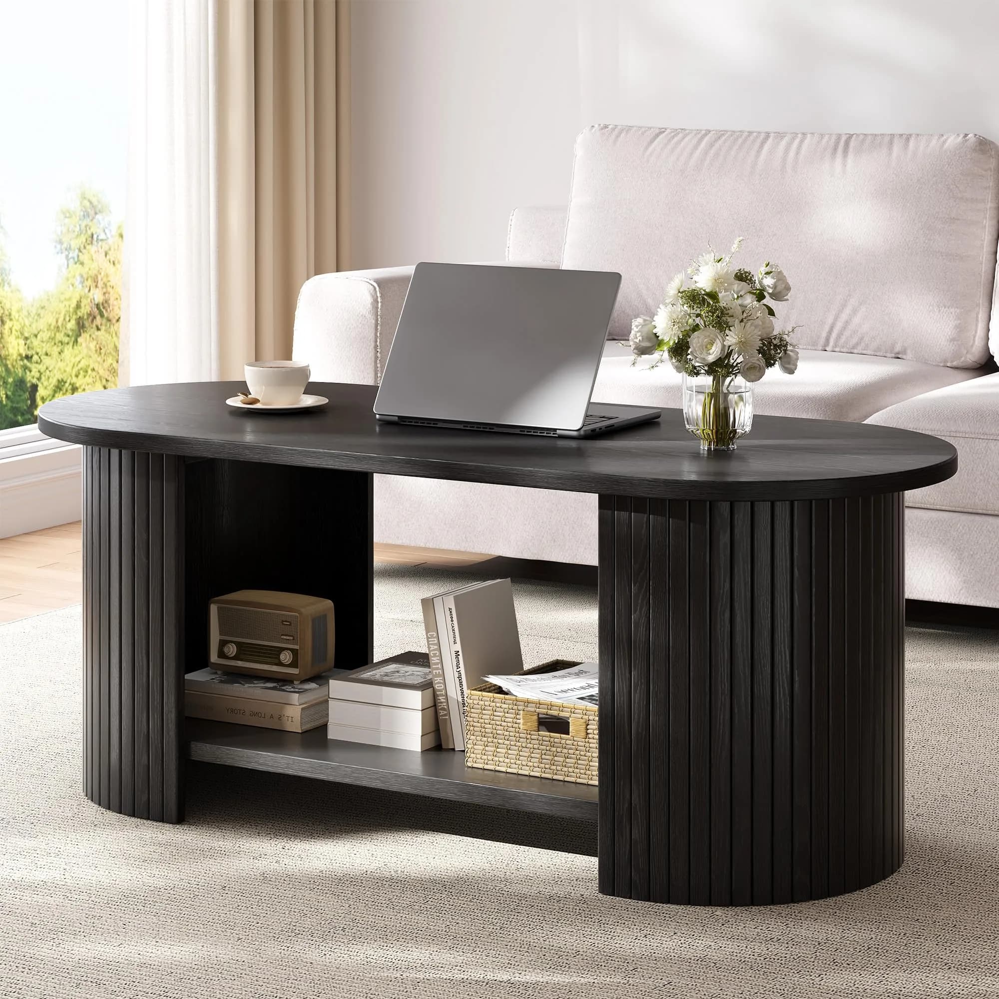 OneBlis 42" Oval Fluted Coffee Table | 2-Tier Storage, Modern Wood Design for Living Room & Home Office