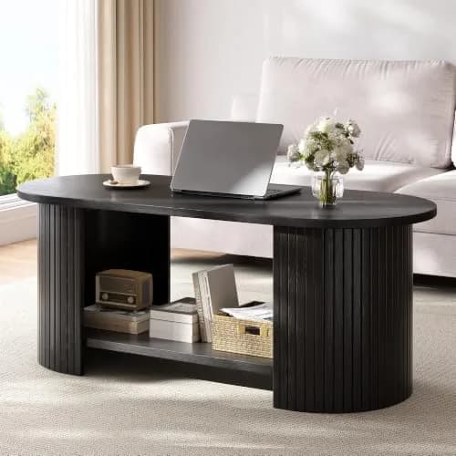 OneBlis 42" Oval Fluted Coffee Table | 2-Tier Storage, Modern Wood Design for Living Room & Home Office thumbnail 1