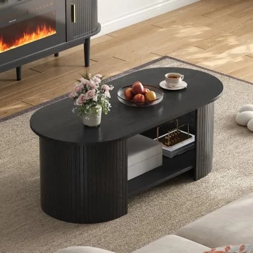 OneBlis 42" Oval Fluted Coffee Table | 2-Tier Storage, Modern Wood Design for Living Room & Home Office thumbnail 5
