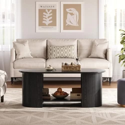 OneBlis 42" Oval Fluted Coffee Table | 2-Tier Storage, Modern Wood Design for Living Room & Home Office thumbnail 6