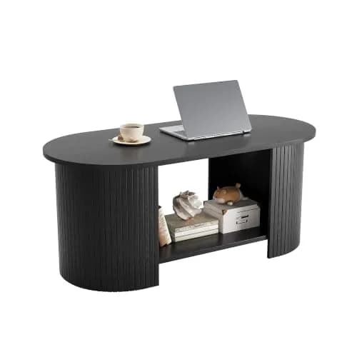 OneBlis 42" Oval Fluted Coffee Table | 2-Tier Storage, Modern Wood Design for Living Room & Home Office thumbnail 7
