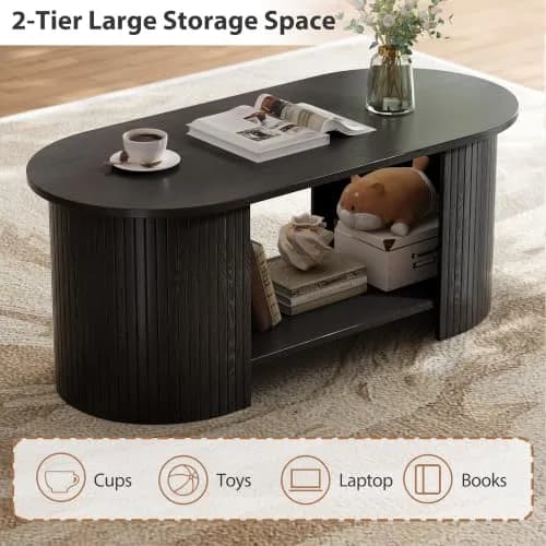 OneBlis 42" Oval Fluted Coffee Table | 2-Tier Storage, Modern Wood Design for Living Room & Home Office thumbnail 3