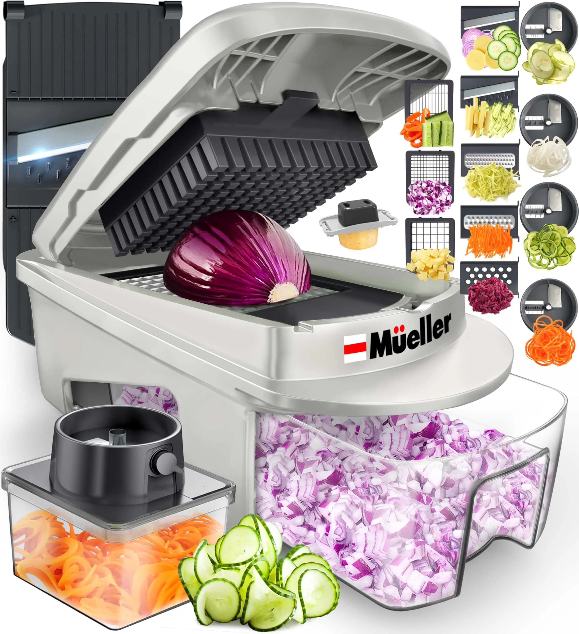 Mueller Pro-Series 12 Blade Vegetable Chopper, Mandoline Slicer and Spiralizer, White/grey 27.7 cm (10.91 in) | Versatile Meal Prep Tool