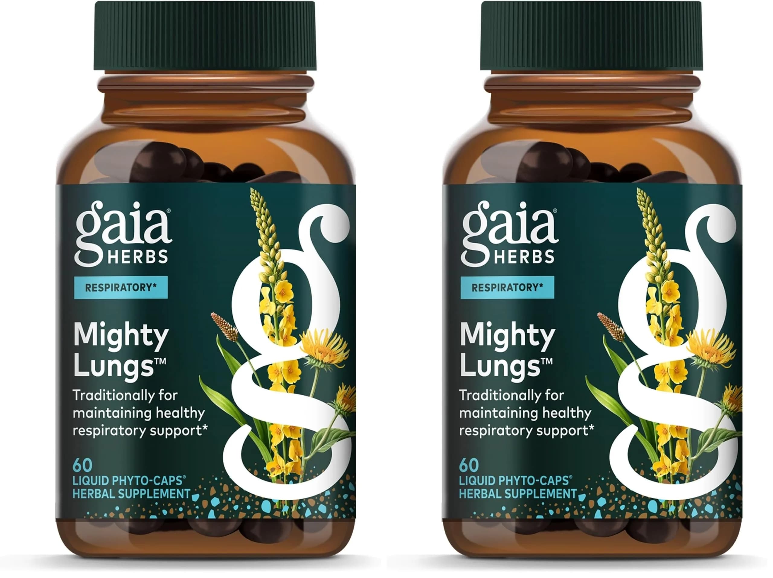 Gaia Herbs Mighty Lungs Vegan Liquid Phyto-Caps 60 Count (Pack of 2) | Respiratory Support Supplement with Herbs Traditionally Used to Help Maintain Respiratory Health — Clear