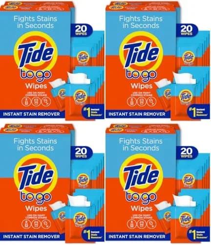 Tide To Go Wipes Instant Stain Remover 80 Count (20 Wipes x 4 Packs) | Fights Stains on Most Fabrics thumbnail 1
