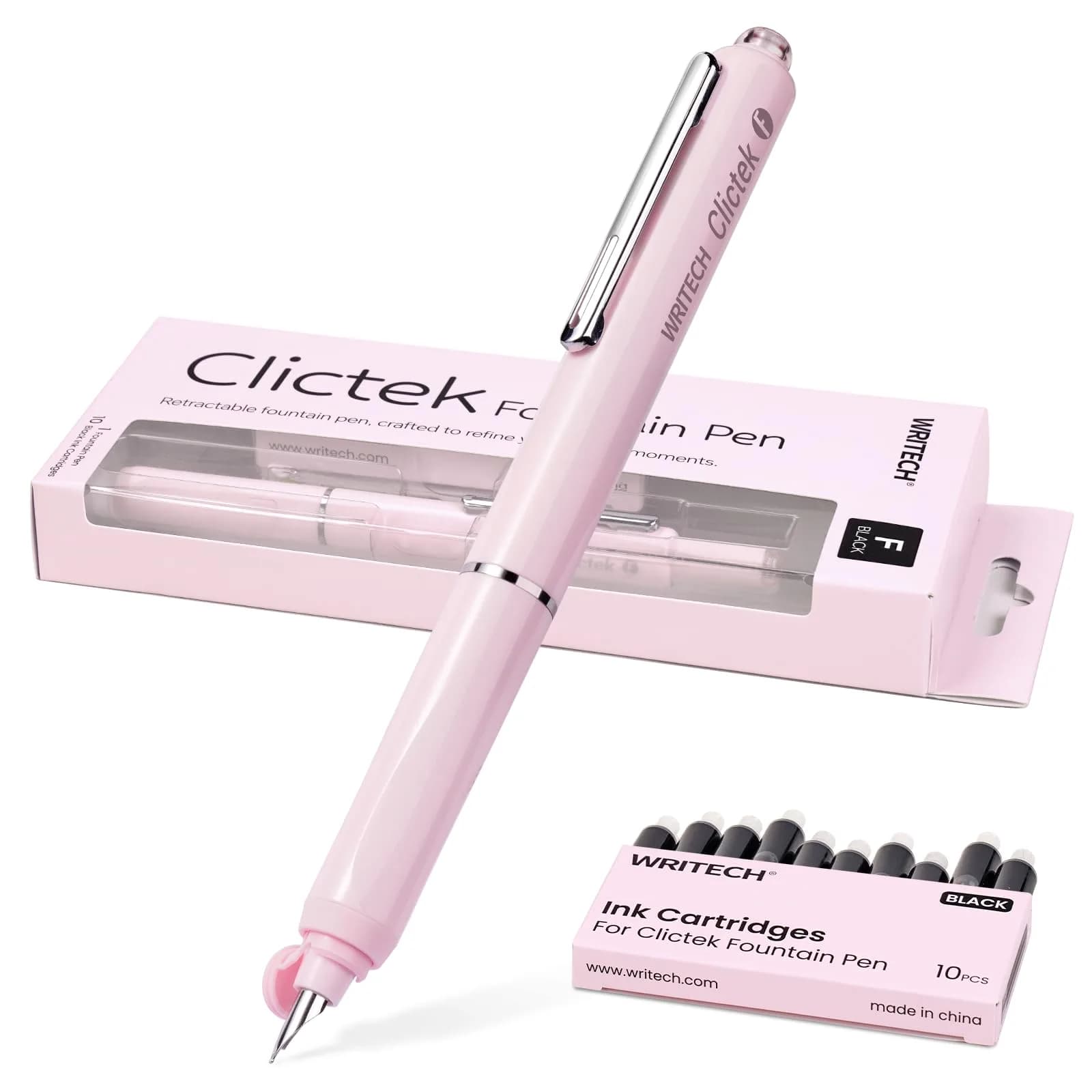 WRITECH Clictek Retractable Fountain Pen Fine Nib with 10 Black Ink Cartridges, 0.5mm Line Size | Smooth Writing for Students & Professionals — Pink