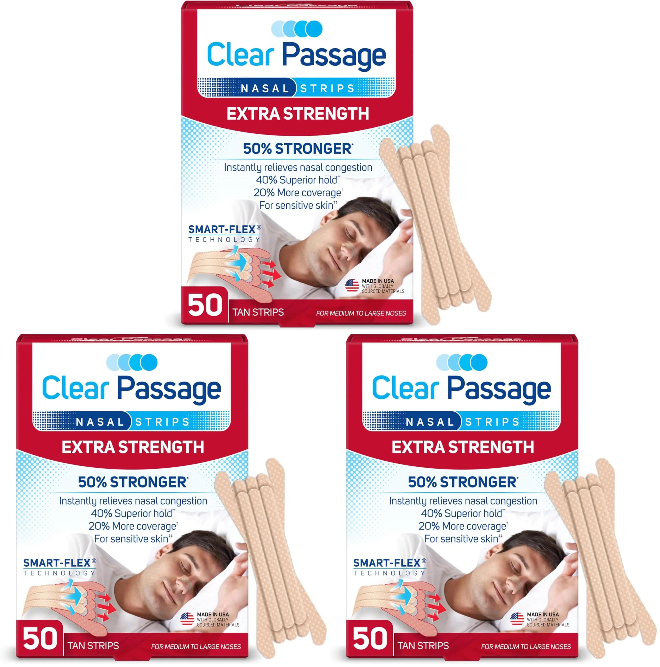 Clear Passage Extra Strength Nasal Strips Tan 150 Count (Pack of 3) | Breathe Right Instantly for Sleep & Allergy Relief — Strips