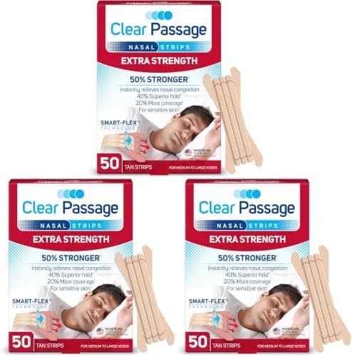 Clear Passage Extra Strength Nasal Strips Tan 150 Count (Pack of 3) | Breathe Right Instantly for Sleep & Allergy Relief thumbnail 1
