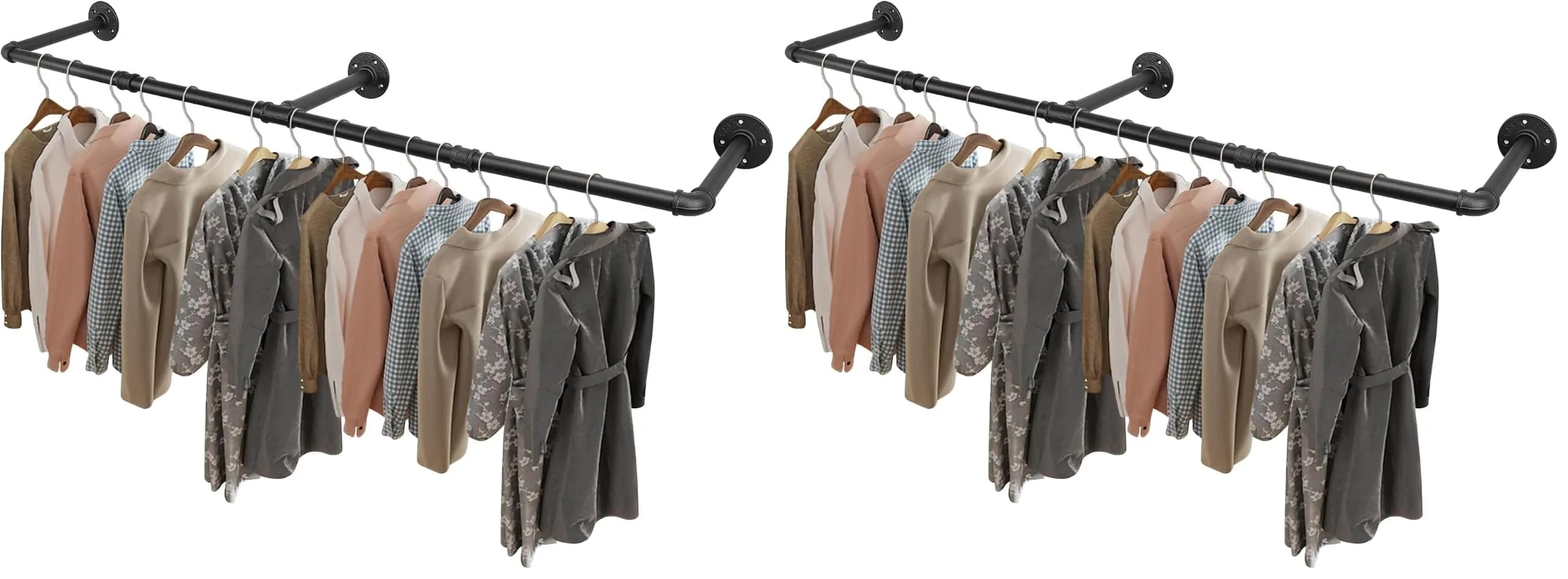 Livabber Industrial Pipe Clothes Rack 60 Inch (Pack of 2) | Heavy Duty Wall Mounted Garment Rack for Bedroom & Closet