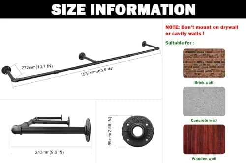 Livabber Industrial Pipe Clothes Rack 60 Inch (Pack of 2) | Heavy Duty Wall Mounted Garment Rack for Bedroom & Closet thumbnail 2