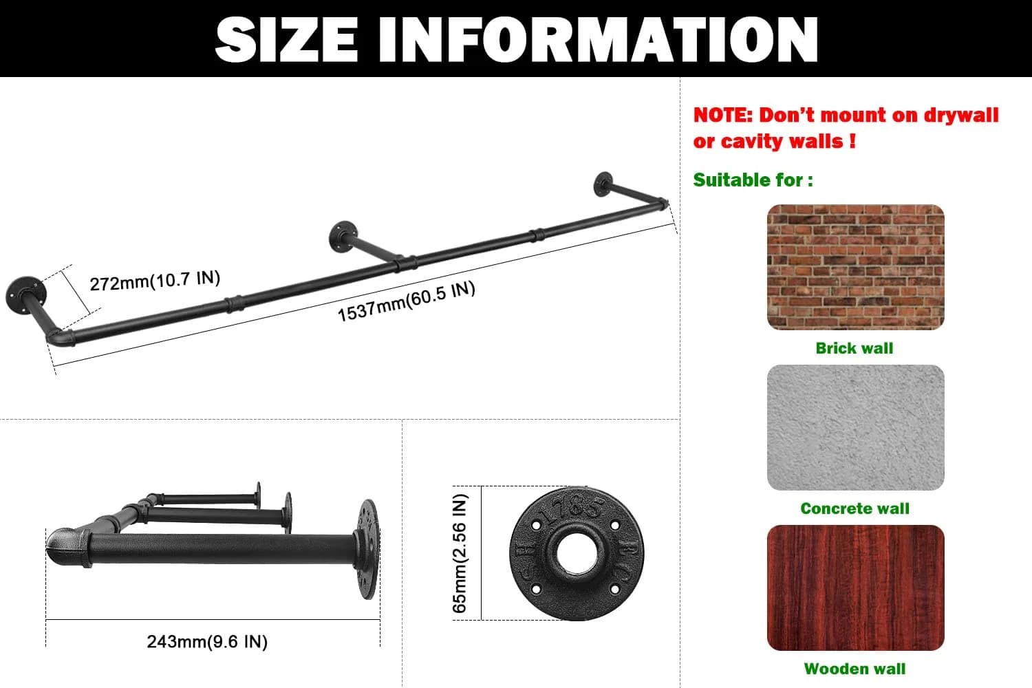 Livabber Industrial Pipe Clothes Rack 60 Inch (Pack of 2) | Heavy Duty Wall Mounted Garment Rack for Bedroom & Closet - view 2