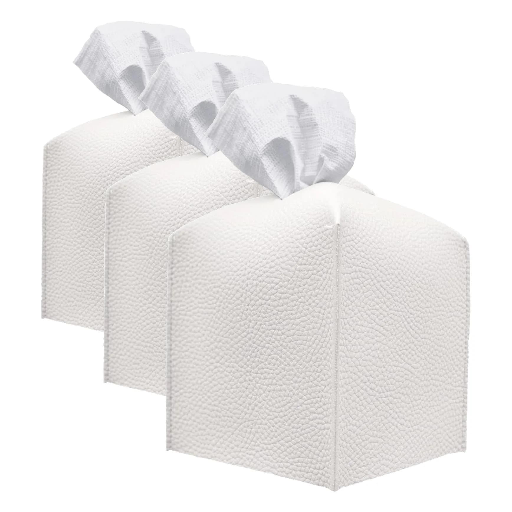 Carrotez White PU Leather Square Tissue Box Cover Holder - Pack of 3, 5"x5"x5" - main product image