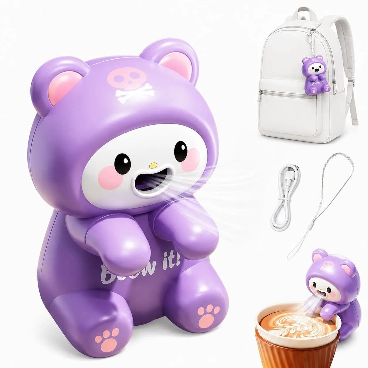 Generic Cute Cat Animal Mini Fan for Cup & Bowl, Purple Cat, 8.5cm (3.35") | Hygienic Hands-Free Cooling - main product image
