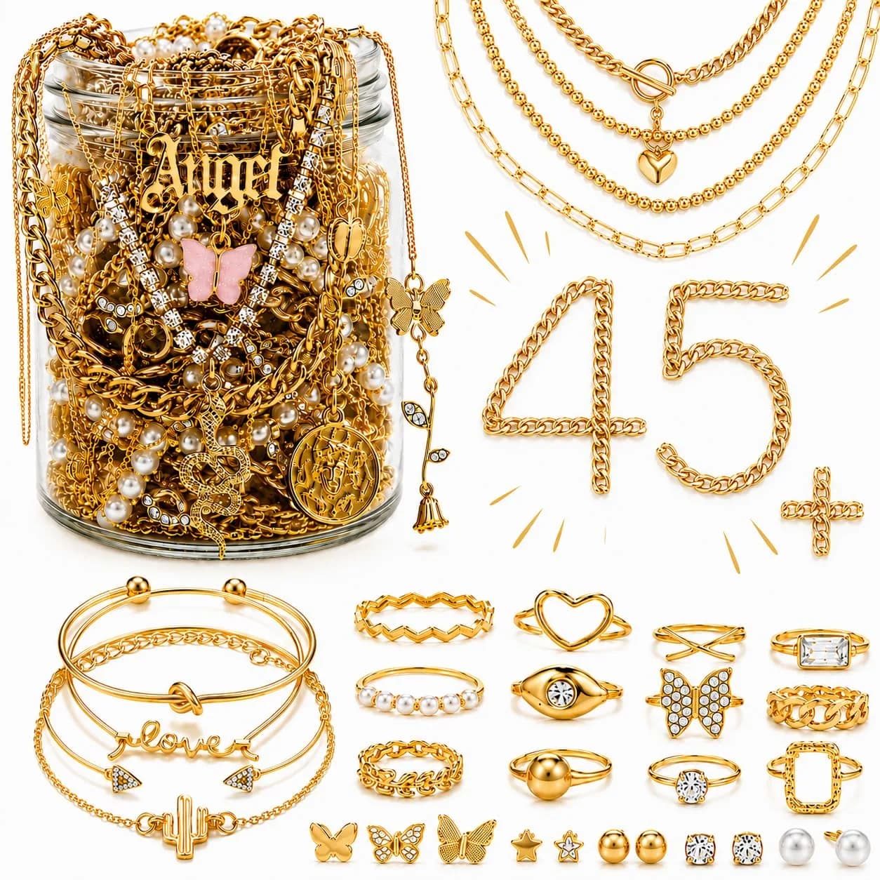 JYSO Mystery Jewelry Jar Bundle 45+ Pieces | Gold Jewelry Set for Women, Rings, Necklaces, Bracelets, Anklets, Waist Chains, Chokers - main product image