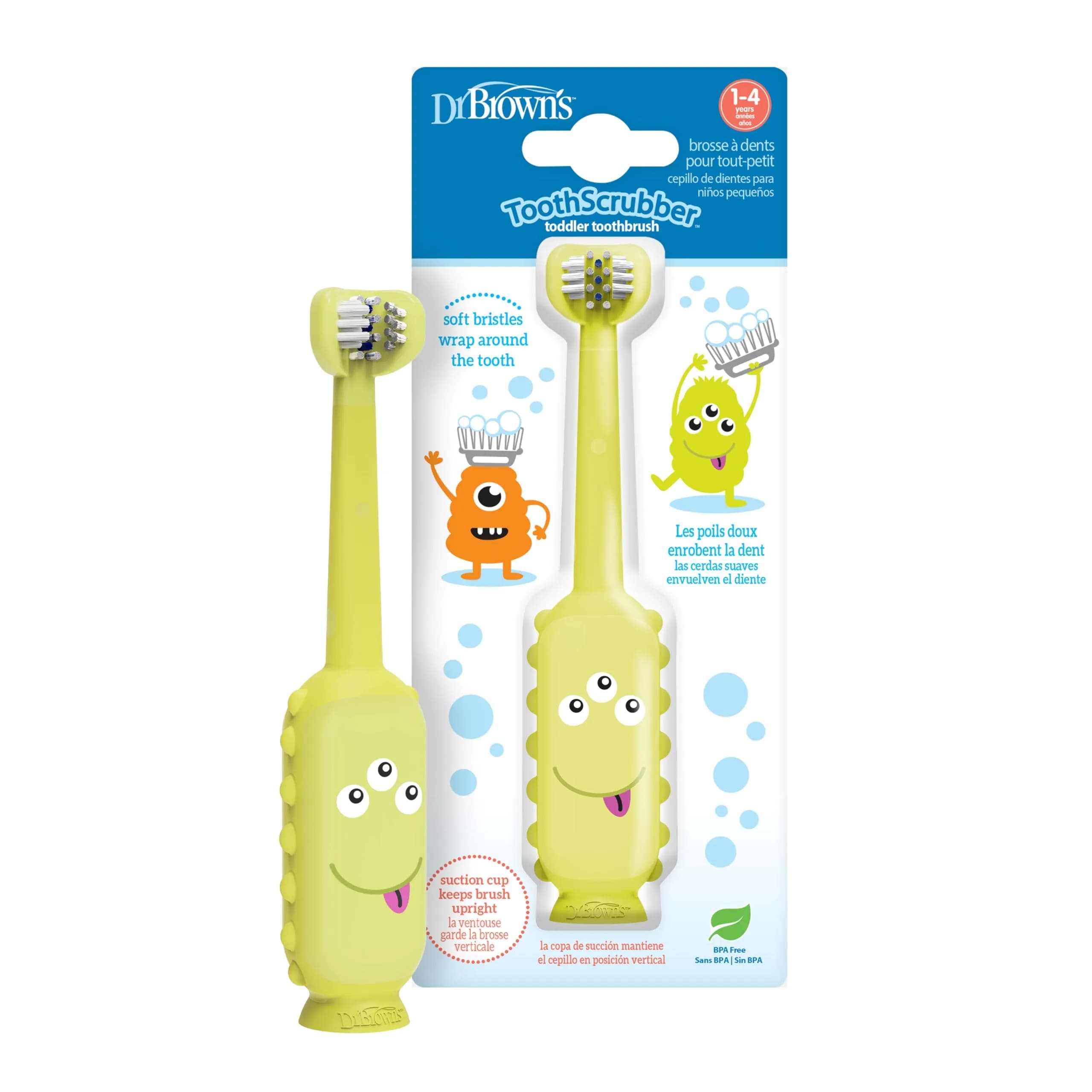 Dr. Brown's ToothScrubber Toddler Toothbrush, Triple-Sided Training Brush with Suction Cup, Green Monster, Ages 1-4, 1 Count (Pack of 12) | Baby Oral Care