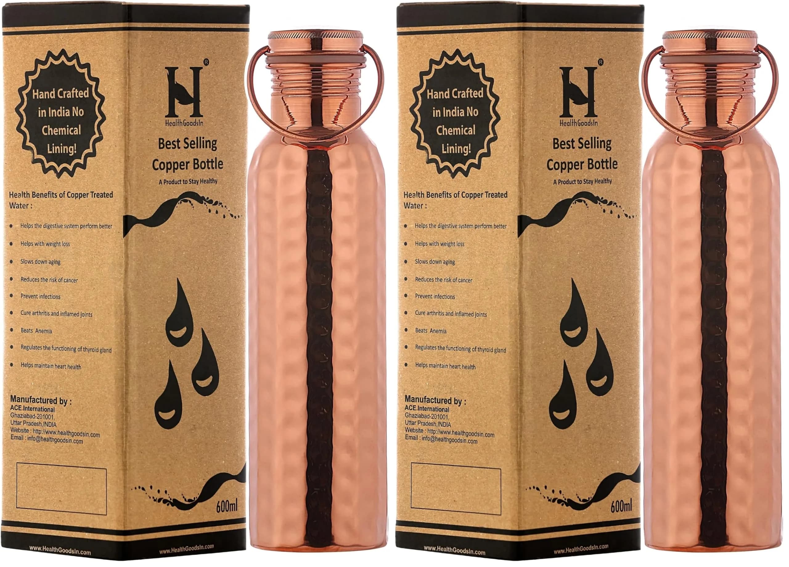 HealthGoodsIn Copper Water Bottle 600ml | Leakproof Ayurvedic Copper Vessel (Pack of 2) — Copper